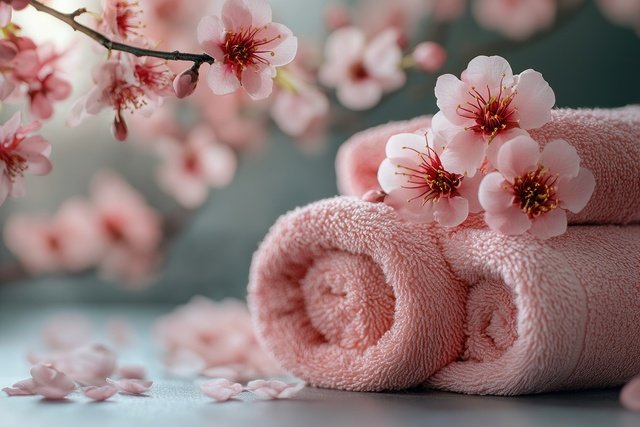 Branch of blooming cherry tree lying on white towels